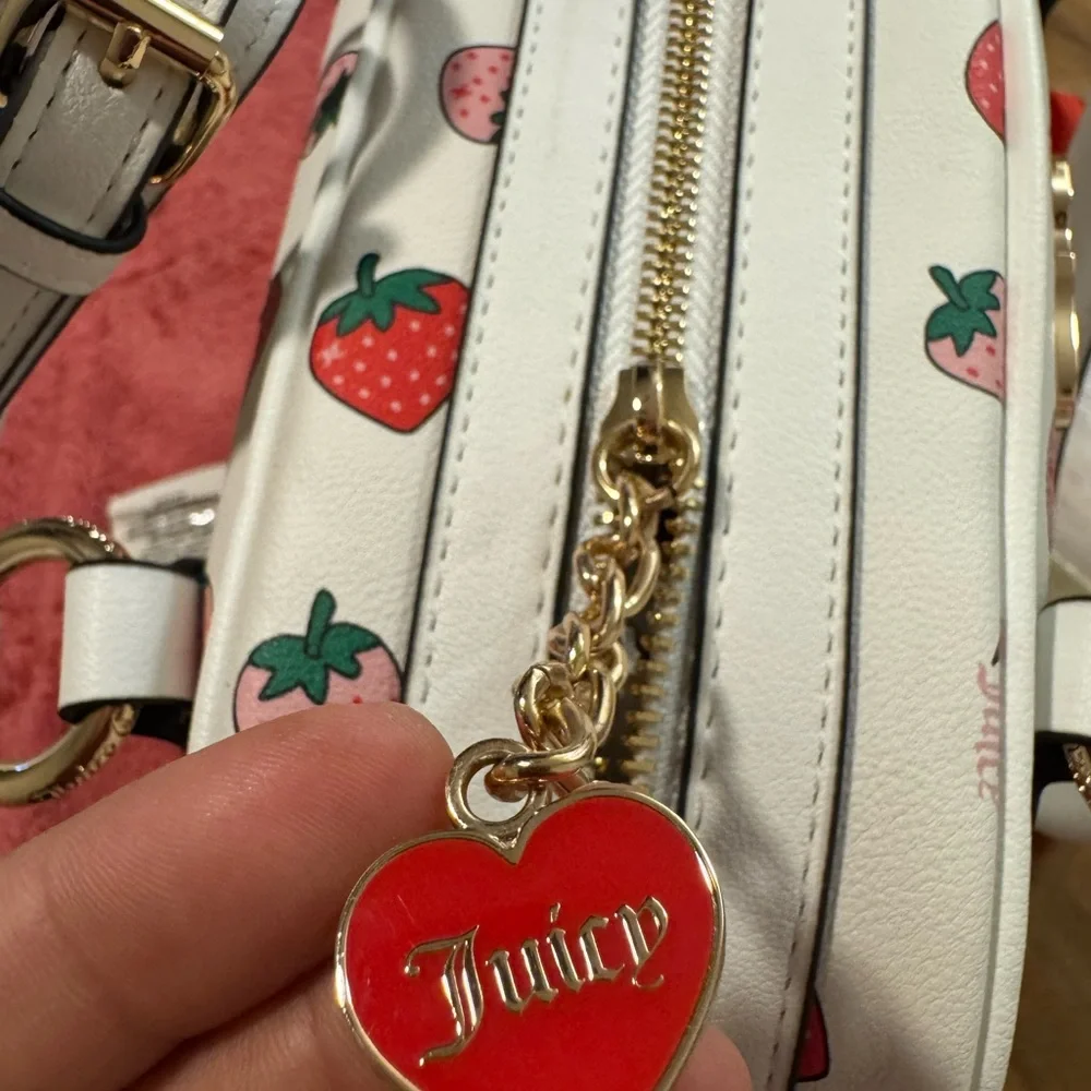 Juicy Couture White Strawberry Print Satchel with Red Strawberry Charm